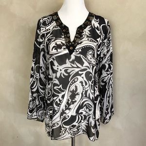 Chico’s silk sheer beaded neckline pullover top